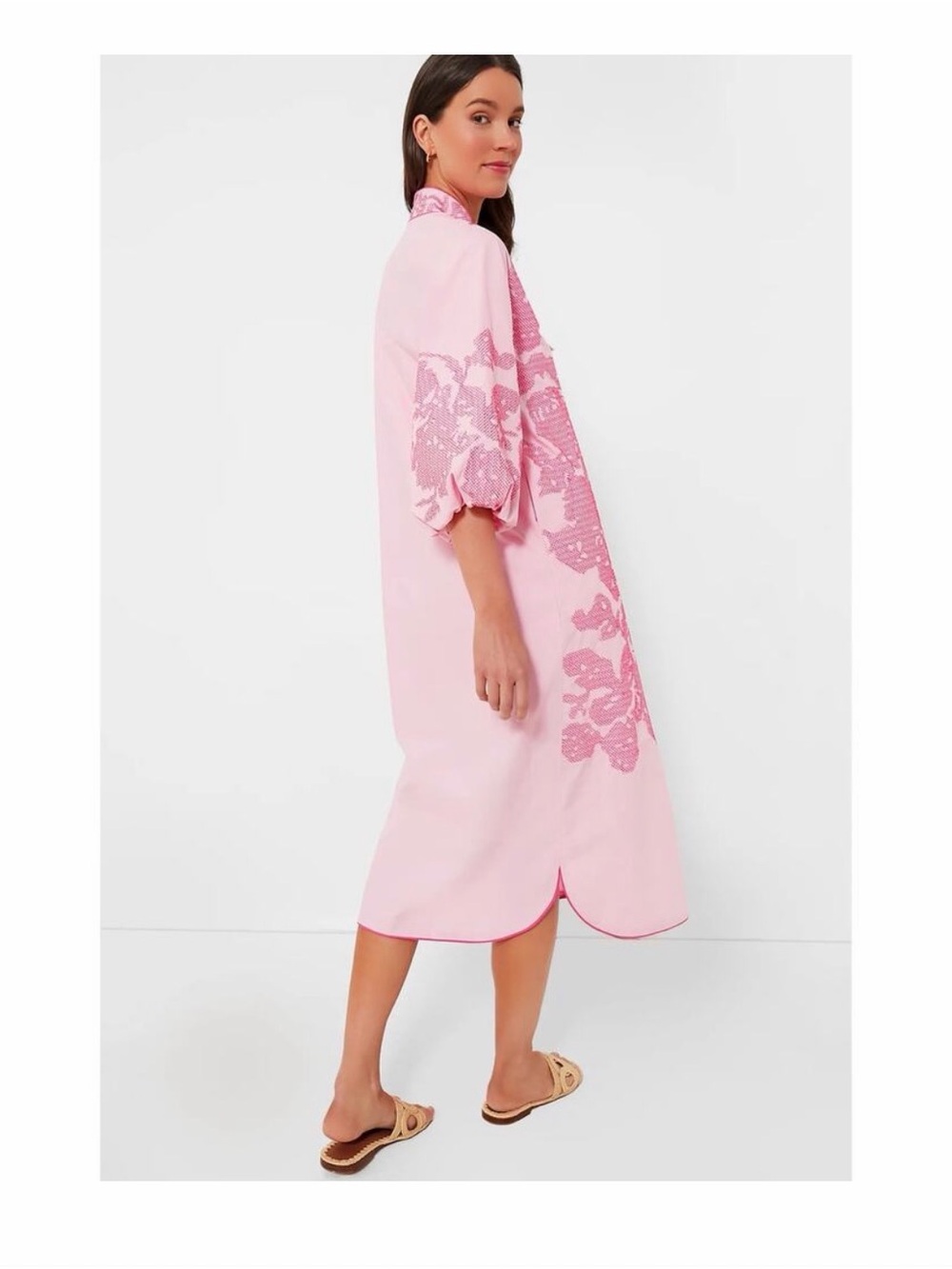 Pink Midi Dress with Floral Jacquard and Balloon Sleeves - Picture 2 of 10